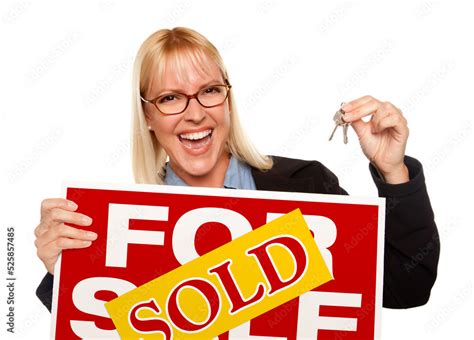 Transparent PNG of Attractive Blonde Holding Keys & Sold For Sale Sign. Stock Photo | Adobe Stock