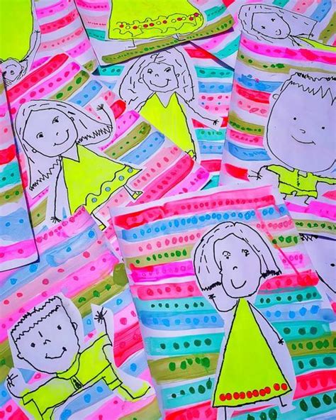 children's drawings are shown on colorful paper