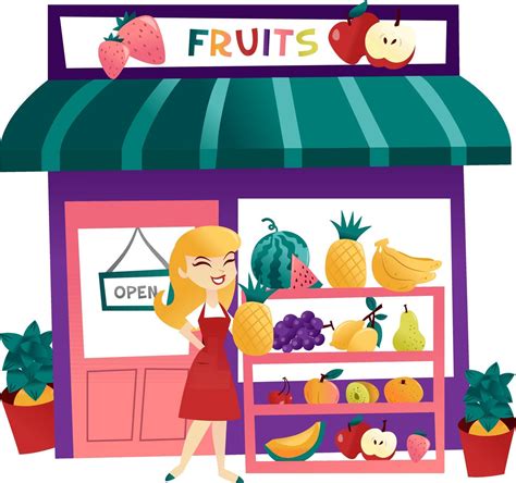 Cartoon Fruits Shop With Storekeeper 2004276 Vector Art at Vecteezy