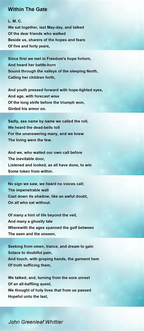 Within The Gate Poem by John Greenleaf Whittier - Poem Hunter