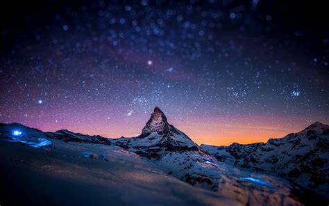 Download Starry Sky Sky Snow Switzerland Mountain Nature Matterhorn Image