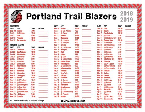 Printable 2018-2019 Portland Trail Blazers Schedule