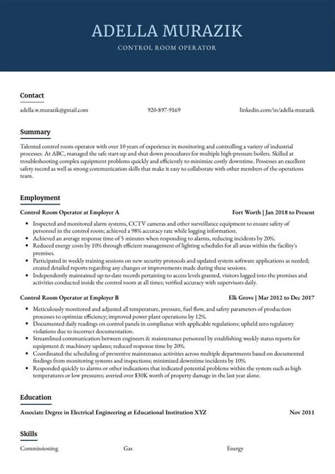 Control Room Operator Resume (CV) Example and Writing Guide