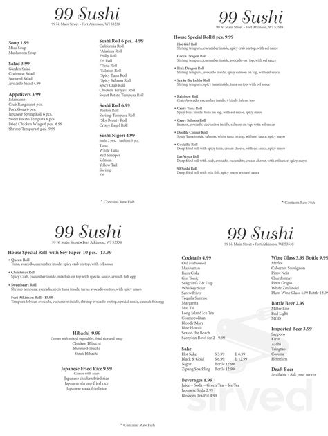 99 sushi menu in Fort Atkinson, Wisconsin, USA