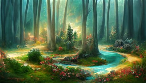 The enchanted forest of the magic natural landscape and river flow background, fairy tale forest ...