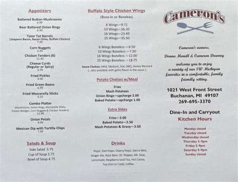 Cameron's Restaurant menu in Buchanan, Michigan, USA