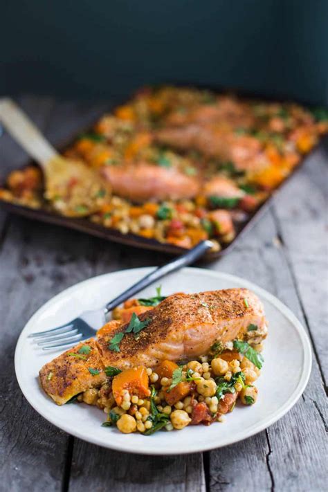 One Pan Salmon and Squash with Couscous- this recipe is made with a delicious Moroccan spice ...