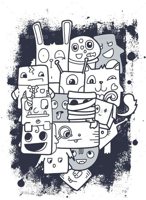 Cute doodle characters on grunge background, vector | Graffiti doodles ...