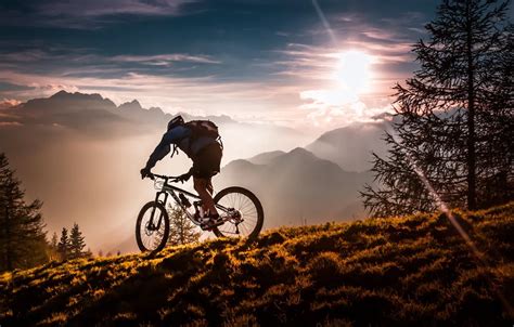 Wallpaper sport, forest, bicycle, twilight, sky, bike, trees, sunset, mountains, clouds, sun ...