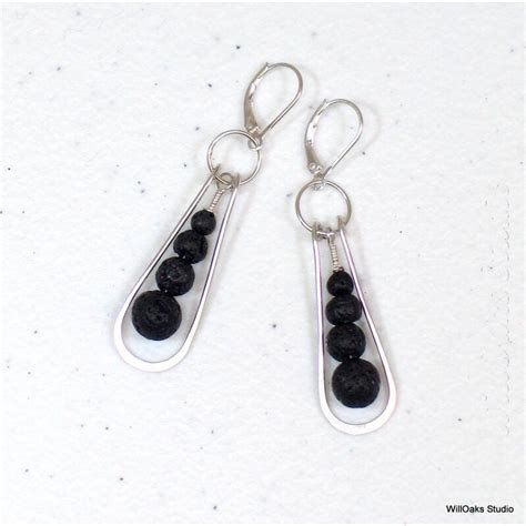 Lava Stone and Sterling Dangles, Artisan Handmade Long Black and Silver Earrings, Essential Oil ...