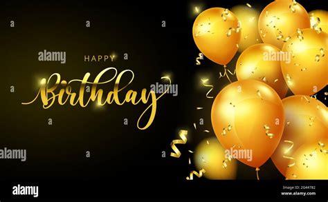 Birthday balloons vector banner template. Happy birthday greeting text with elegant gold ...