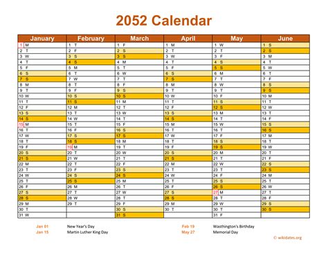 2052 Calendar on 2 Pages, Landscape Orientation | WikiDates.org