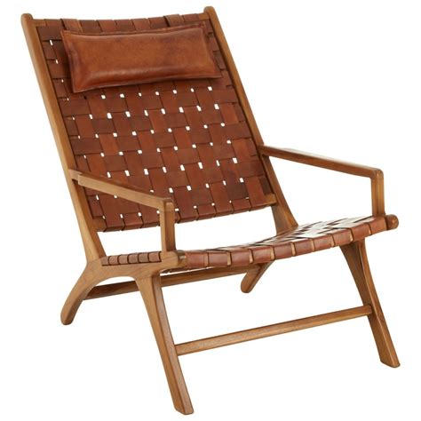 Teak Wood Lounge Chair with Leather Seat