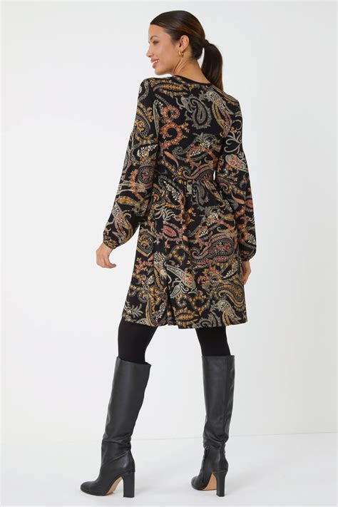 Black Paisley Print Stretch Dress | Roman UK