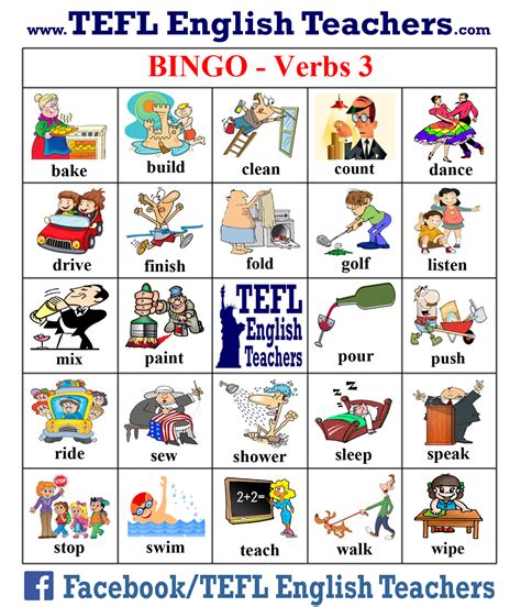 TEFL English Teachers - BINGO Verbs game board 3 of 20 | Verb games ...