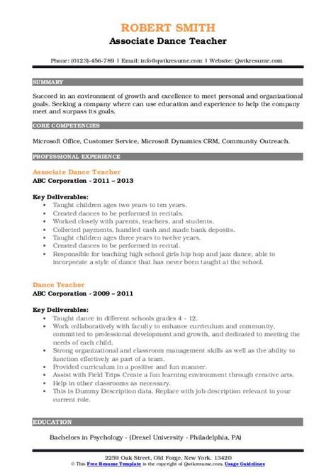 Dance Teacher Resume Samples | QwikResume