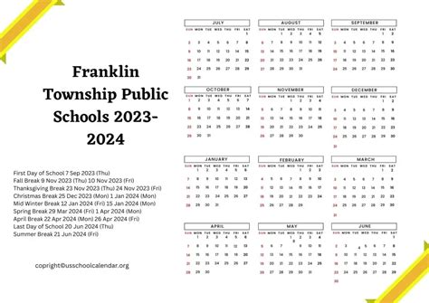 Franklin Township Public Schools Calendar Holidays 2023-2024