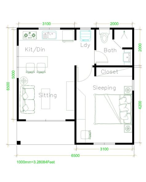 Small House Plans 21x21 Feet 6.5x6.5m Hip roof - HousePlanIdea | One bedroom house, Small house ...