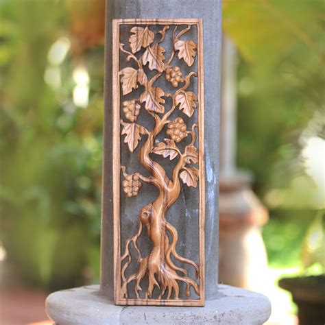 Tree-Themed Suar Wood Relief Panel Crafted in Bali - Duku Tree | NOVICA