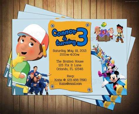 Disney Junior Birthday Party Invitation featuring Handy Manny, Imagination Movers, Jake and the ...