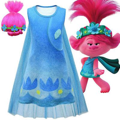 New Girls Poppy Trolls 2 Dress-Up Cosplay Dress +Wigs Princess Party ...