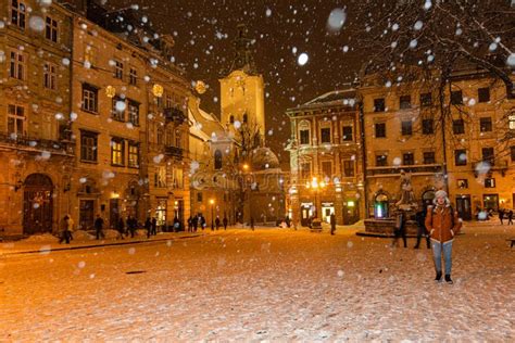 Market Square in Lviv in Winter at Night Editorial Stock Image - Image of facade, architecture ...