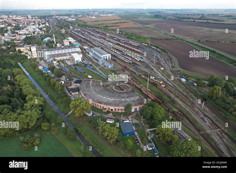 Railway turntable for locomotives aerial panorama landscape view,Nymburk trainstation,Europe ...