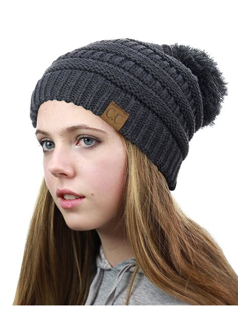 Unisex Multicolor Warm Cable Knit Slouch Pom Pom Beanie Cap - Black/Charcoal Gray - CI12JSWF093