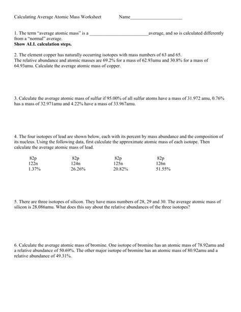 Average Atomic Mass Worksheet – Imsyaf.com