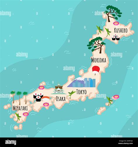 Mapa de dibujos animados de Japón. Ilustración de viaje con monumentos, edificios, comida y ...