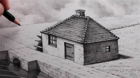 How to Draw a Simple House in a Realistic Landscape Pencil Drawing