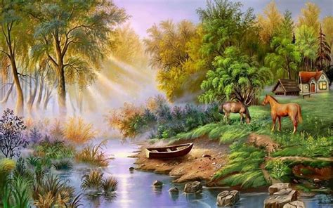 1280x800 Huts Trees River Boat Horses desktop PC and Mac wallpaper | Картины с видами природы ...