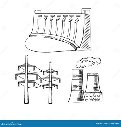 Electrical Power Plants And Towers Sketch Icons Stock Vector - Image: 61665854