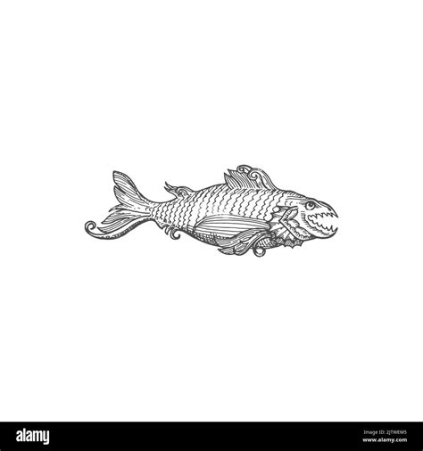 Sea monster serpent dragon fish leviathan sketch isolated. Vector deep sea creature, fantastic ...