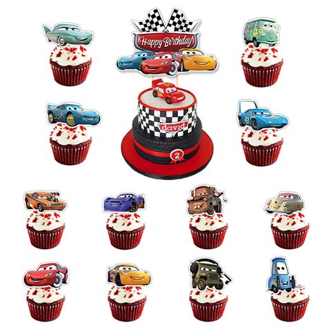 Buy Cars Lightning McQueen Cake Topper and Cup Cake Topper for Kids Birthday Race Car Themed ...