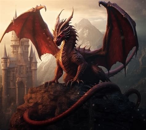 Premium AI Image | There is a dragon sitting on a rock with a castle in the background generative ai