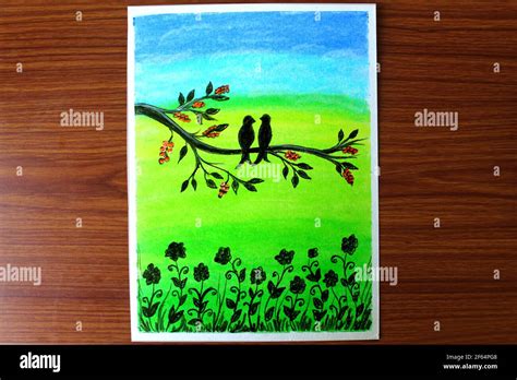 Love bird Scenery drawing with green nature background, silhouette ...