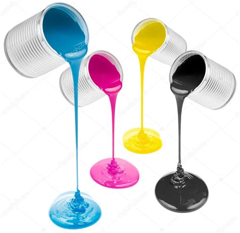 Cmyk pouring paints from cans isolated on white — Stock Photo © Andrey_Kuzmin #20028797