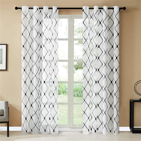 Topfinel White Sheer Curtains 84 Inches Long Black Embroidered Diamond Grommet Window Curtains ...