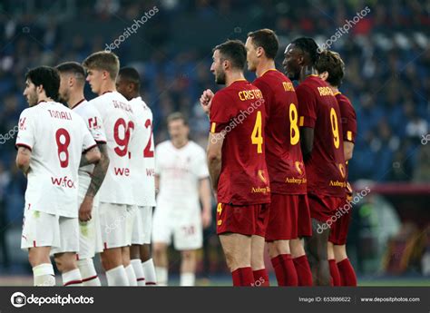 Rome Italy 2023 Double Barrier Milan Roma Free Kick Serie – Stock ...