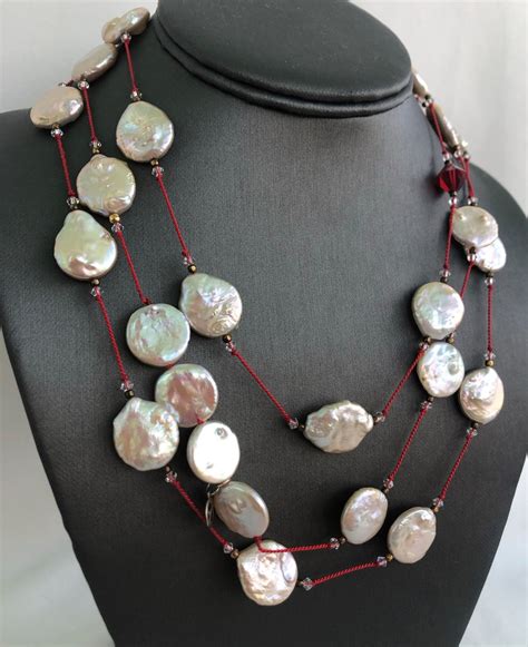 Pearl Tin Cup Necklace Hand Knotted in Red Silk Fresh Water - Etsy