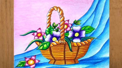 How to draw a flower basket step by step/Flower basket drawing with oil pastels - YouTube