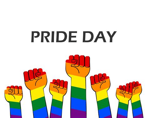 Vector illustration of pride day with striped rainbow hands show fist raised up on white ...