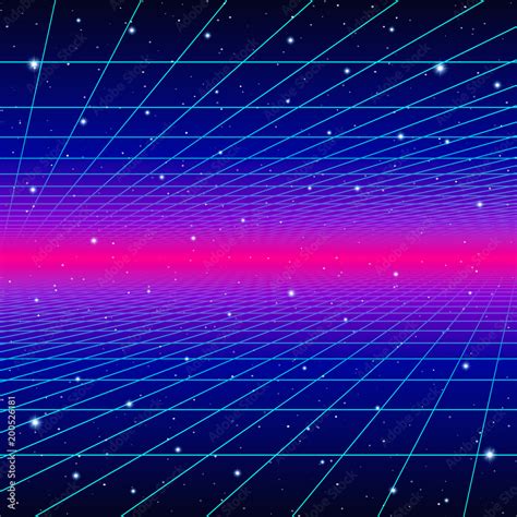 Retro neon background with 80s styled laser grid and stars Stock Vector | Adobe Stock