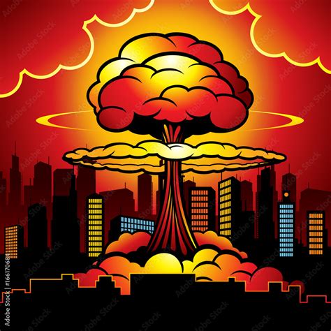 Burning city with nuclear explosion of atomic bomb. Cartoon vector illustration Stock Vector ...