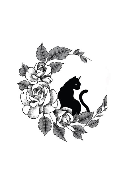 Flower Cat Moon Tattoo Design. Designer: Andrija Protic | Black cat ...