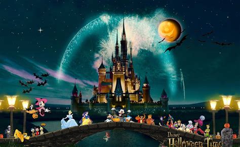 Download Disney Halloween Wallpaper featuring Mickey, Minnie, and villains | Wallpapers.com