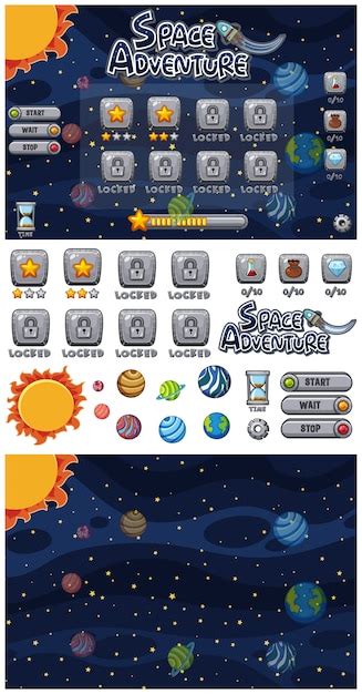 Premium Vector | Set of space adventure game with planets in space