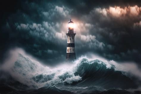 Premium Photo | A lighthouse in the stormy sea with a lighthouse on the top