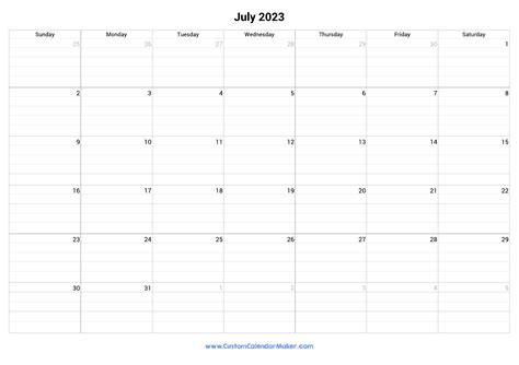 July 2023 Fillable Calendar Grid With Lines